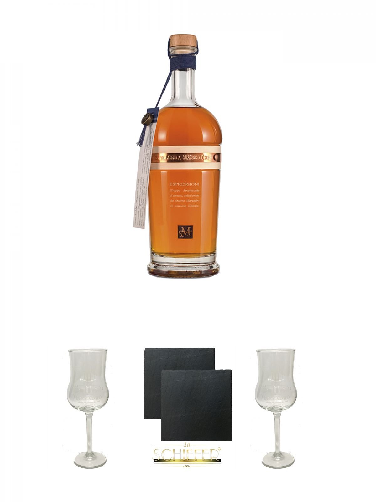 Marzadro Grappa Espressioni Solera 0,7 Liter + Marzadro Grappa Gläser mit Eichstrich 2cl und 4cl 1 Stück + Schiefer Glasuntersetzer eckig ca. 9,5 cm Ø 2 Stück + Marzadro Grappa Gläser mit Eichstrich 2cl und 4cl 1 Stück