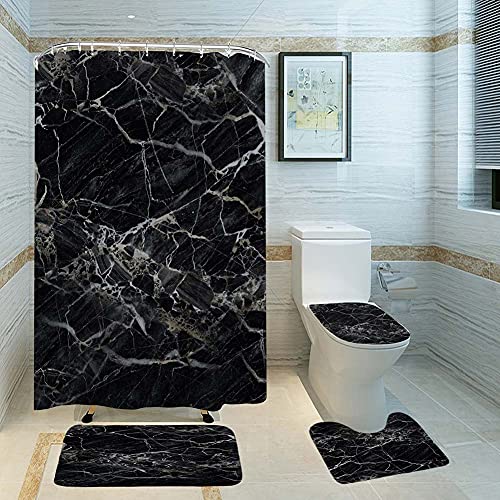 ETOPARS Marmor Textur Badezimmer Duschvorhang Teppich Set 4-teilige weiche und rutschfeste Badematte, U-förmiger Kontur Teppich, Toilettendeckelabdeckung 72 x 72 Zoll Vorhang