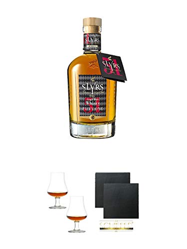 Slyrs (51%) Fifty One Single Malt Whisky Deutschland 0,35 Liter + Stölzle Nosingglas für Whisky 2 Gläser - 1610031 + Schiefer Glasuntersetzer eckig ca. 9,5 cm Ø 2 Stück