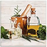 ARTland Glasbilder Wandbild Glas Bild einteilig 20x20 cm Quadratisch Stillleben Olivenöl Kräuter Gewürze Küche Mediterran Holzoptik T5MO
