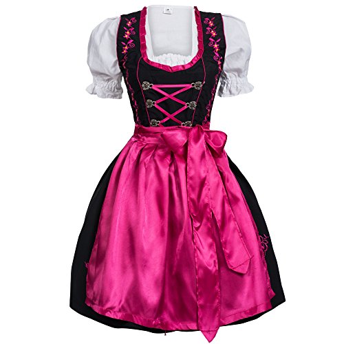 Mufimex Damen Dirndl Kleid Dirndlkleid Trachtenkleid Midi Schwarz Pink Hakenverschluß 34