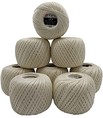 YarnArt Lily 8 x 50 Gramm Garn 100% merzerisierte Baumwolle, 400g Häkelgarn einfarbig, (creme hell 6282)