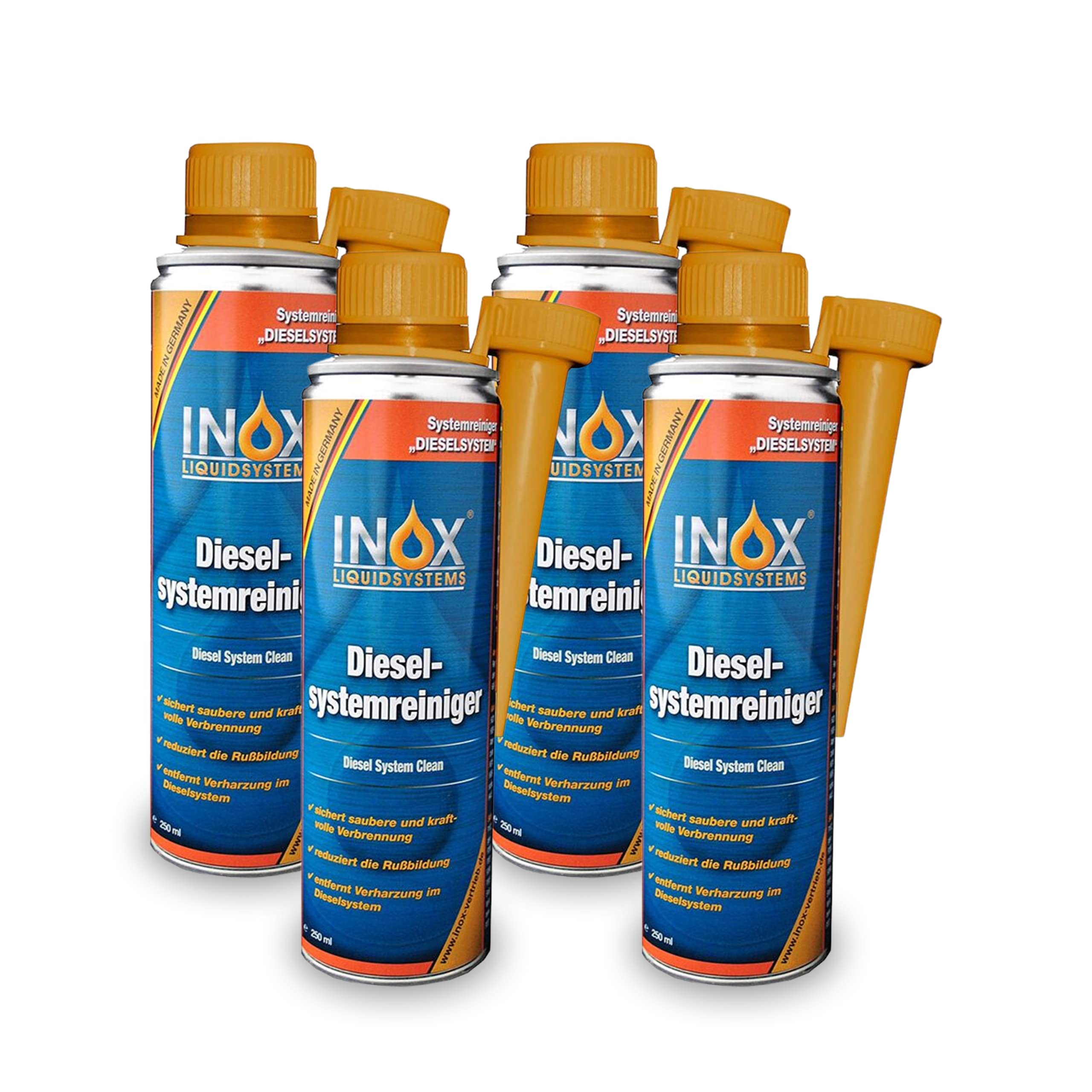 INOX® - Effektiver Diesel Systemreiniger Additiv, 4 x 250ml | Diesel Zusatz für Dieselmotoren | Löst Verschmutzung & Verharzung im Dieselsystem | Effiziente Verbrennung