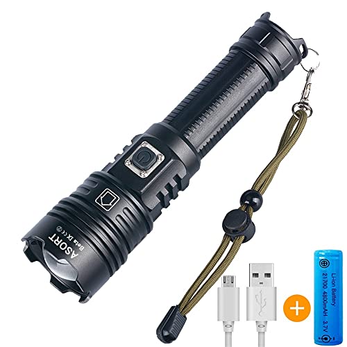 ASORT LED Taschenlampe Extrem Hell 10000Lumen IPX67 Wasserdicht USB Aufladbar Fackel 5 modi, Zoombar, Lange Arbeitszeit Taktische Taschenlampe für Camping Wandern und Notfälle (21700 Akku)