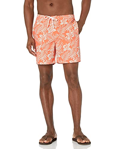 28 Palms 7" Inseam Tropical Hawaiian Print Board Shorts, Coral Hibiscus Floral, 36