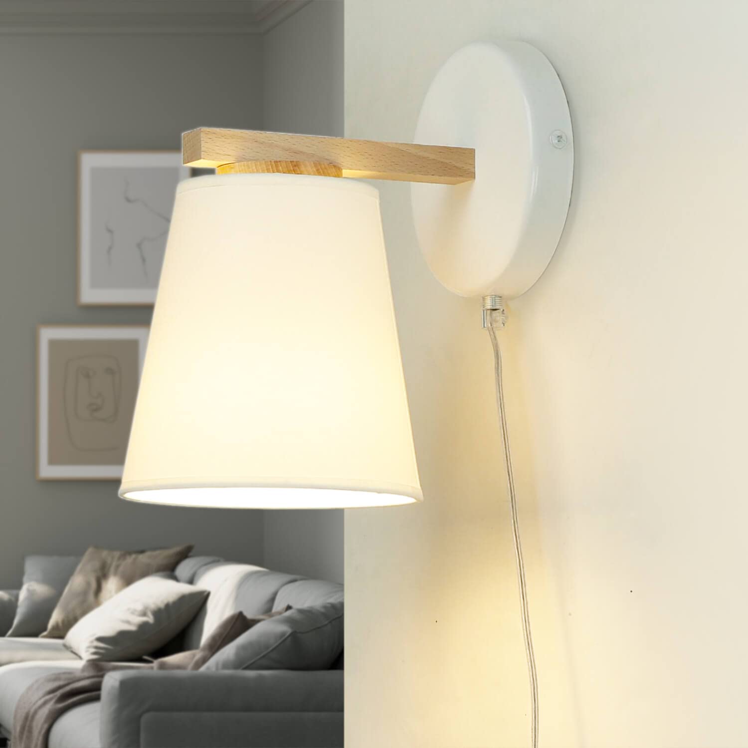 Licht-Erlebnisse Wandleuchte aus Holz & Stoff mit Kabel & Schalter in weiß skandinavischer Stil E27 bis 60W H:32cm D:45cm für Wohnzimmer Schlafzimmer Wandlampe Innen