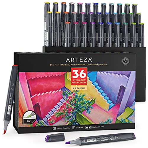 Arteza Everblend Ultra Art Marker, 36er Set Graffiti Stifte in Deko-Farbtönen, Alkohol Marker mit Medium Keilspitze und Pinselspitze, Twinmarker zum Färben, Skizzieren inkl. Organizer Box