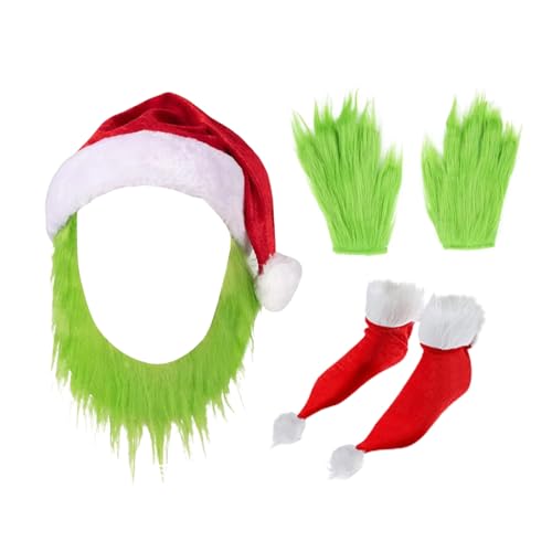 EWOKE Kostüm Erwachsene - Weihnachtsgrünes Kostümset | Lustige Deluxe-Cosplay-Requisiten, Weihnachtsmann-Kostüm, Anzüge mit Socken, Handschuhen, Bart und Hut