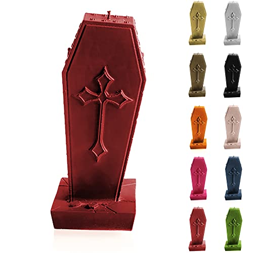 Candellana Kerze Sarg mit Kreuz | Höhe: 17 cm | Rot | Brennzeit 35h | Halloween | Handgefertigt in der EU