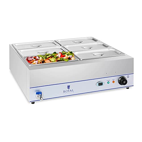 Royal Catering RCBM-6W-2000 Bain Marie Wasserbad Speisenwärmer Bain Marie Behälter (2.000 Watt, 6 x GN-Behälter, Ablasshahn, Edelstahl, LCD-Display)