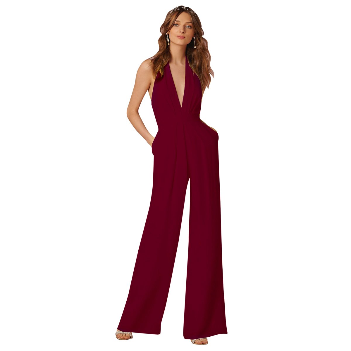 IBTOM CASTLE Jumpsuits Damen Sommer Overalls Jumpsuits Elegant Lang Breites Bein Ärmellos V-Ausschnitt Frauen Hochzeit Brautjungfer Weinrot M