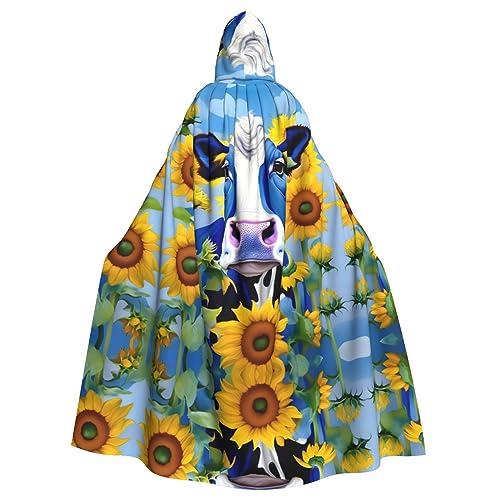 FRESQA Umhang mit Kuh mit Sonnenblumen in Blau, Party-Dekor, Kapuzenumhang für Erwachsene, ultimativer Hexenumhang für Halloween-Treffen