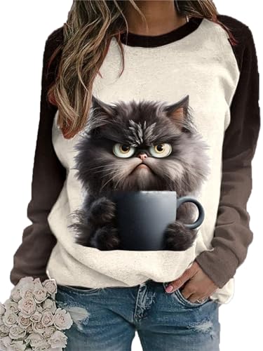 Hibasing Niedliche Katze 3D-gedrucktes Sweatshirt für Frauen Langarm-T-Shirt Lustige Grafikdruck-Pullover-Pullover in Übergröße Oberteile