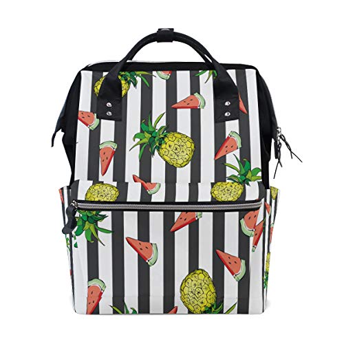 Bigjoke Wickelrucksack mit niedlichem Ananas-Wassermelonen-Streifen, multifunktional, große Kapazität, Wickeltasche, Reißverschluss, lässig, stylisch, für die Reise
