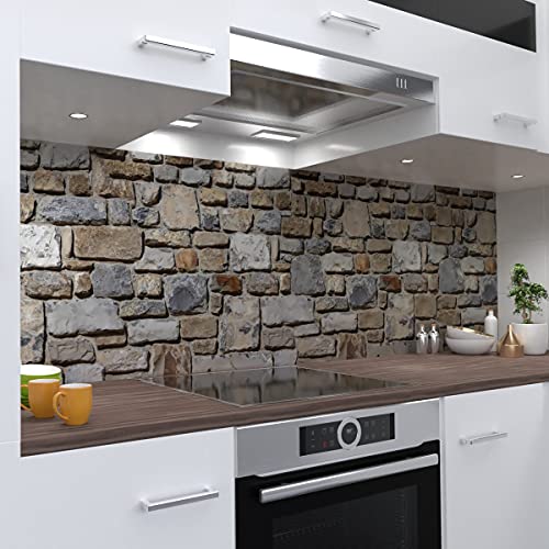 OneWheel | selbstklebende Küchenrückwand | 60x60 cm harte PVC Folie | Wandtattoo für Fliesenspiegel Design Stein grau | Motiv: Steinmauer1