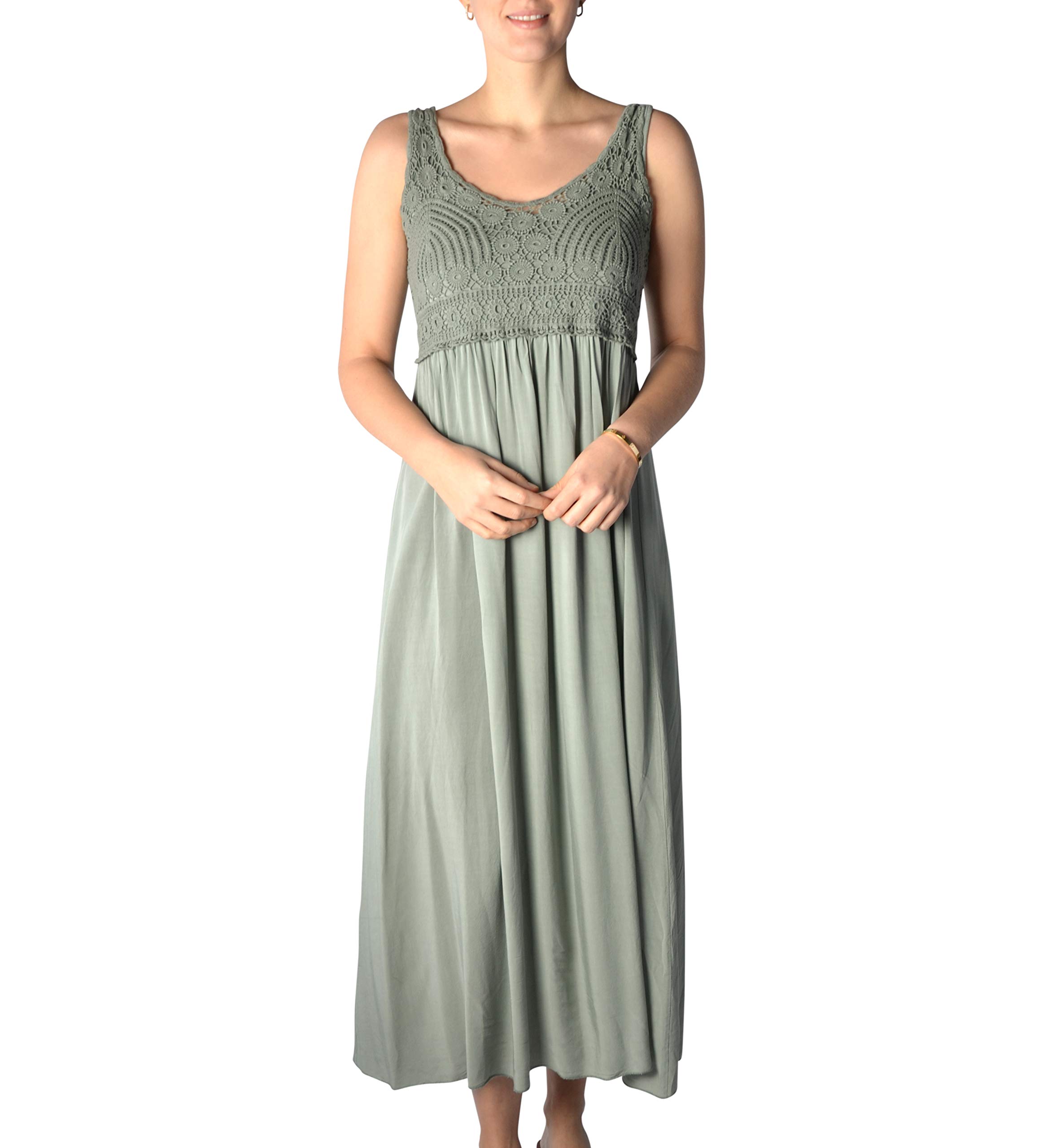 U&F Damen-Kleid mit Spitze I knöchellanges Kleid für Frühling, Sommer & Herbst I langes Freizeit-Kleid I fließender, luftiger Stoff I verspielte Häkelspitze I Grün lang L