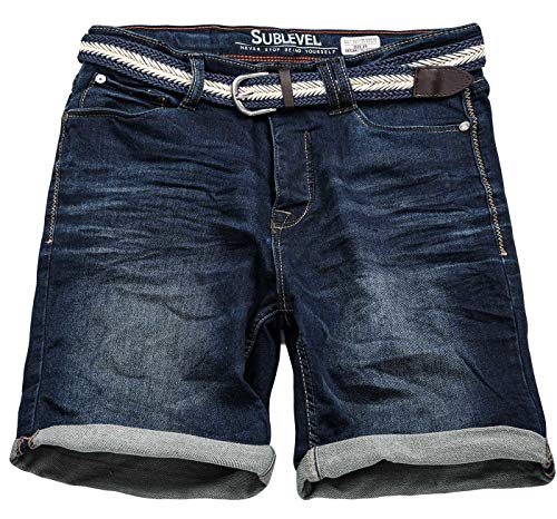 Sublevel Herren Jeans Shorts inkl Flechtgürtel Kurze Hose Bermuda Sommer Sweathose Slim [B701-Dunkelblau-W30]