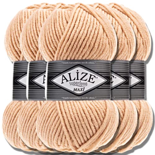 Alize 5x 100g Superlana Maxi Türkische Premium Wolle Baumwolle und Acryl Uni Handstrickgarne | Yarn | Garn | Strickgarn Einfarbig Baby zum Häkeln Stricken Kleidung Schals (Cream Caramel | 502)
