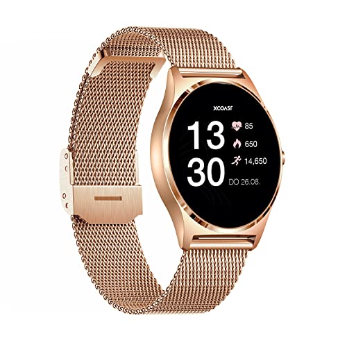 XCOAST JOLI Damen Smartwatch (3,9 cm/1,22 Zoll, iOS Android) Fitnesstracker, 3-TLG., mit elegantem milanaise Wechselarmband, IP67 wasserdicht, Herzfrequenz, Blutdruck, Blutsauerstoff, Schlaf (Gold)
