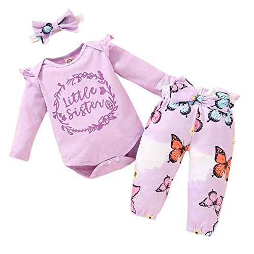 FAMKIT Baby-Kleidungs-Set für Mädchen, gerüscht, Strampler + Schmetterling-Hose + Kopfband, 3-teilig Gr. 68, violett