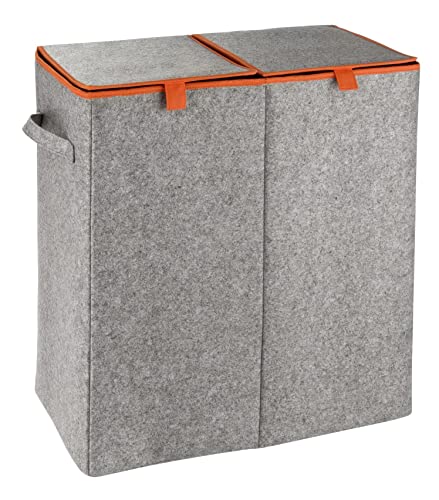 WENKO Wäschesammler Duo Grau/Orange, stabiler Wäschekorb aus recyceltem Filz mit 2 Fächern & separaten Klappdeckeln, Tragegriff für einfachen Transport, 82 Liter Volumen, (B x H x T): 52 x 54 x 28 cm