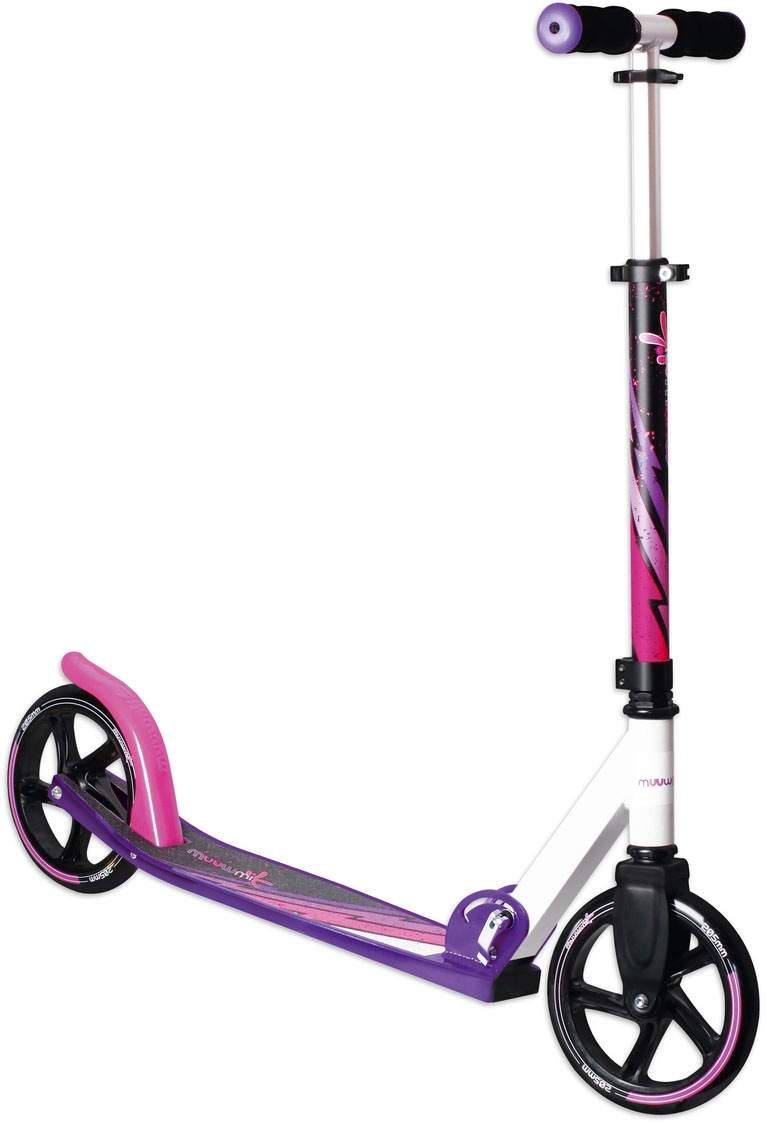 muuwmi Aluminium Scooter– Tretroller, 205 mm, ABEC 7, GS-geprüft, höhenverstellbar, XL-Deck, lila-pink-schwarz