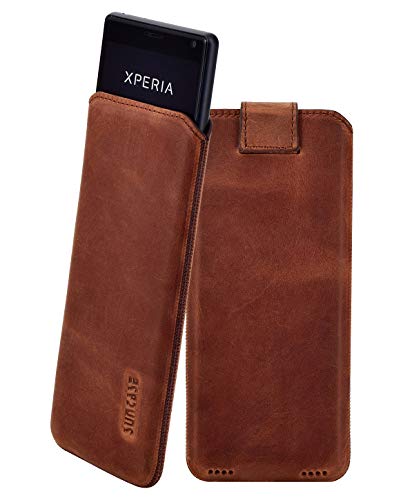 Suncase ECHT Leder Tasche kompatibel mit Sony Xperia 5 Hülle Handytasche Slim-Edition - (mit Rückzugsfunktion und Magnetverschluss) in antik Coffee