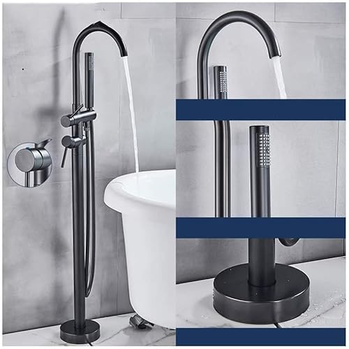 JQFDD Bath Fittings Freestanding with Cold and Hot Water Brass Smooth Double Handle Bathtub Tap Floor Mounted Bathroom Faucet with Hand Shower, Matte Black