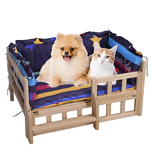Hundebett Katzen- und Hundebett aus Holz, erhöhtes Haustierbett mit Zaun und Treppe, erhöhtes Hundehaus, Haustier-Schlafsofa, Couch mit Bettwäsche für kleine Hunde, Haustier, Katze für Hunde, Haustier, Katze