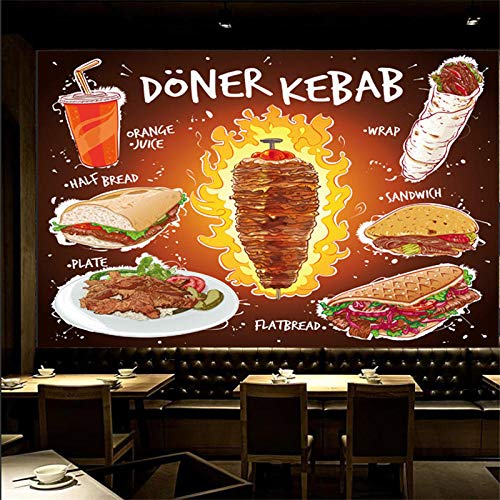 SHINERING Benutzerdefinierte Handgezeichnete Döner Kebab Flache Brot Sandwichplatte Mit Orangensaft Wandbild Tapete Fast Food Restaurant Tapete 3D 300cm (L) × 210cm (H)