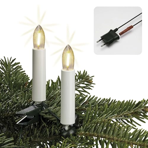 hellum LED Lichterkette Weihnachtsbaum Made-in-Germany Christbaumbeleuchtung Kerzen Lichterkette innen mit Clip, 20 warmweiße LED-Filament, beleuchtet 1330cm, Kabel grün Schaft weiß 815016