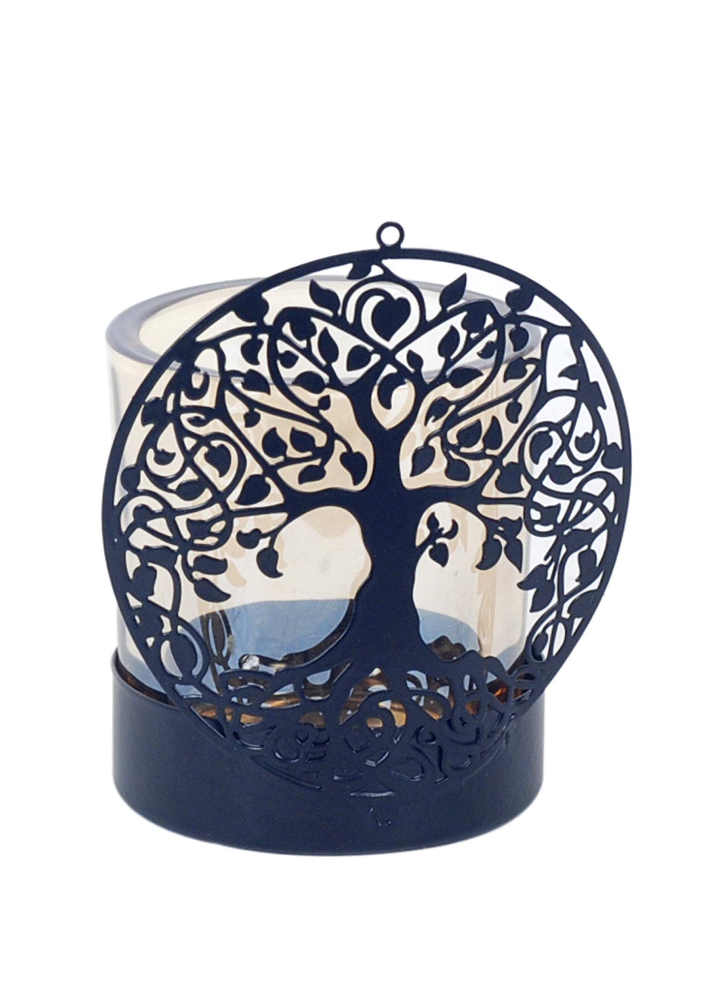 Kerzenhalter und Teelichthalter, Lebensbaum, Metall und Glas, Höhe 11 cm