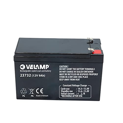 Velamp 23732 Wiederaufladbarer Blei-Akku, Faston-Anschlüsse, 12 V, 9 Ah, ideal für Notbeleuchtungen, Videoüberwachungssysteme, Unterbrechungsfreie Stromversorgung, Freizeit, Schwarz