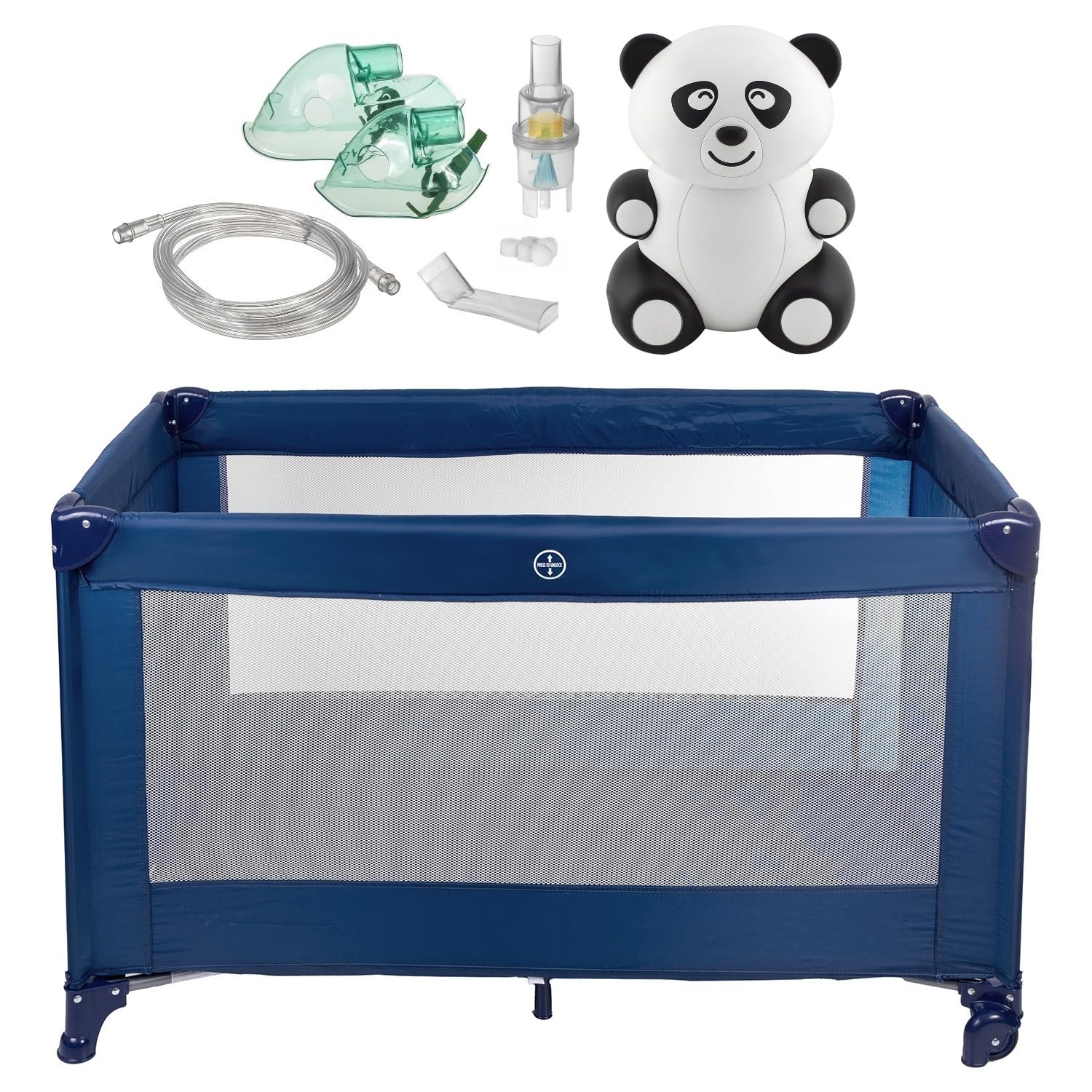 Maclean PR-803 Faltbares Babyreisebett + Inhaliergerät Set für Kinder und Erwachsene, Geeignet für Babys und Kleinkinder, 2x Räder, 125x65x74cm (Inkl. PR-812 Panda Inhalator, Blau)