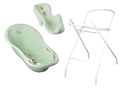 3er Set Baby-Badewanne Set ergonomische Babywanne 86 cm + Ständer Gestell + Badesitz Badewannensitz (grün)