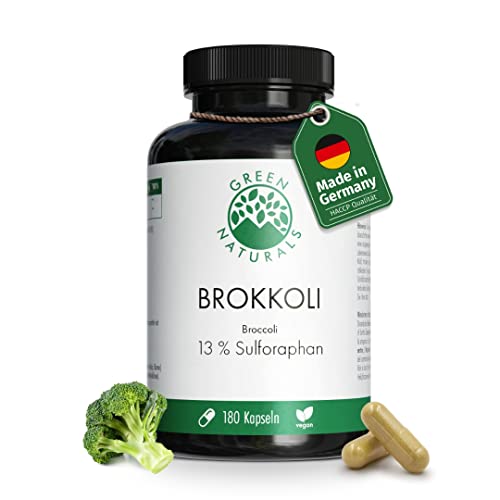 Brokkoli Extrakt (180 Kapseln á 550mg) - Deutsche Herstellung - 13% Sulforaphan 71mg - 100% Vegan - Ohne Zusätze - Vorrat für 6 Monate