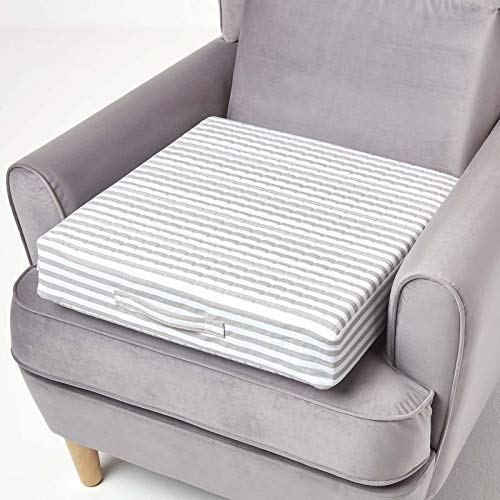 Homescapes großes Sitzkissen 50 x 50 cm, grau gestreift, Sitzpolster für Sessel und Sofas mit abnehmbarem Bezug aus 100% Baumwolle, 10 cm hohes Matratzenkissen aus orthopädischem Schaumstoff