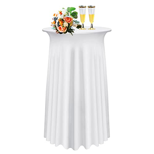 SHUOJIA 1/2/4 Packs Round Cocktail Table Skirt, Spandex Stretch Round Tablecloth Covers with Wavy Drapes, Fitted High Top Cocktail Table Skirt Table Dress for Party Wedding (1Pcs-60cm,White)