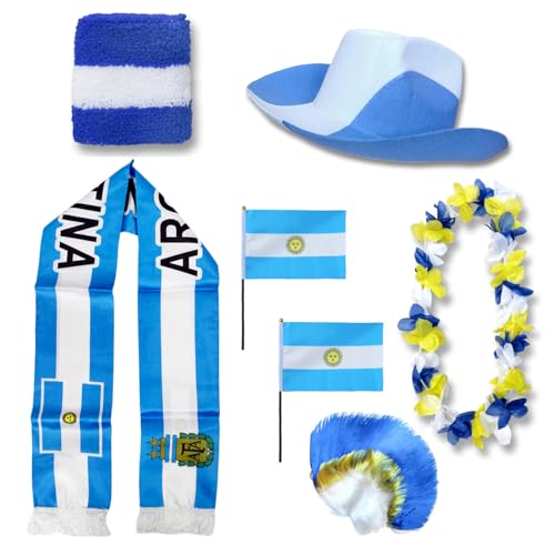 Sonia Originelli Fan-Paket Argentinien Argentina WM EM Fußball Schal Hawaiikette Hut Schweissband Fahne Iro Perücke