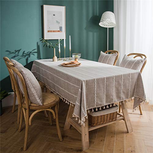X-Labor Quaste Tischdecke mit Spitze Eckig Baumwolle Leinen Tischtuch Tischwäsche Pflegeleicht Garten Zimmer Tischdekoration 140 * 200cm