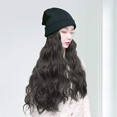 Hat with Long Curly Body Hair Wig Winter Warm Knitted Hat Synthetic Hair Cotton Cap Wig Natural Fake Hair for Women (Color : Light Brown) (Natural Black)