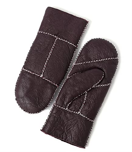 YISEVEN Womens Winter Sheepskin Shearling Leather Mittens Wool Lined Herringbone Thick Warm Fur Lining Furry Cuffs Lamb Merino Heated Gloves for Cold Weather Driving Work Gifts, Deep Ruby Medium