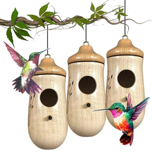 Shirem Wooden Hummingbird House, Wooden Hummingbird Houses for Outside, Hummingbird Houses for Outside for Nesting, Humming Bird House Shirem Feeder (A-3PCS)
