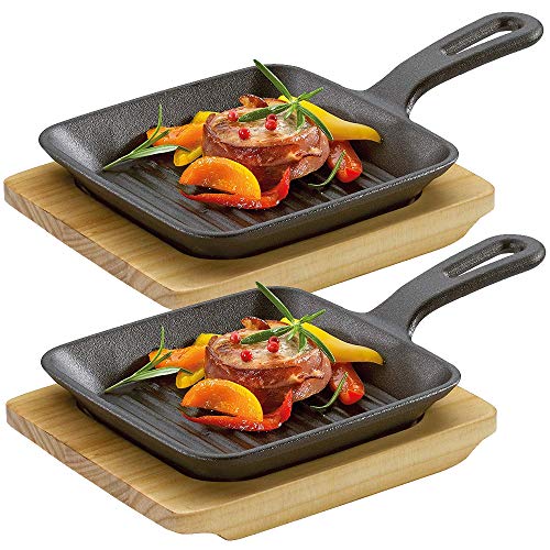 Culinaris Küchenprofi - Gusseisen BBQ Grillpfanne Servierpfanne mit Holzbrett (Grill-/Servierpfanne, 2 Stück)