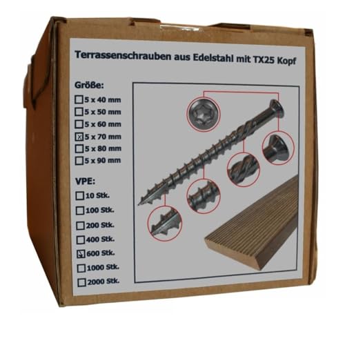 Sanpro Terrassenschraube aus Edelstahl mit Torx Kopf, Größe 5 x 70 mm, Anzahl 600 Stück (Pack à 600 Stück)
