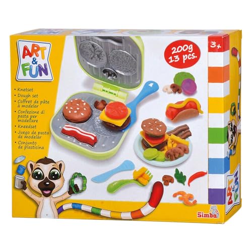 Simba 106324529 - Art und Fun Burger Knetset, 4x50g Knete, Burgergrill, 13 Teile, Kinderknete, Zubehör, ab 3 Jahren