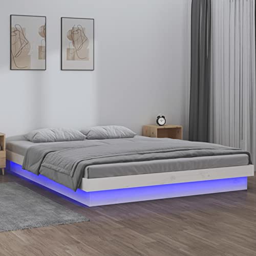 Leepesx Bettrahmen mit LED, weiß, 140 x 190 cm, Massivholz, RH, Bettrahmen, Lattenrost, Bett für Erwachsene, Schlafzimmer