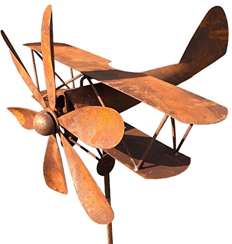Crispe Metall Windrad 'Flugzeug' - massives Windspiel Windmühle für den Garten - wetterfest und standfest - mit bestem Kugellager - aus Vollmetall mit Edelrost-Patina – Höhe 167 cm