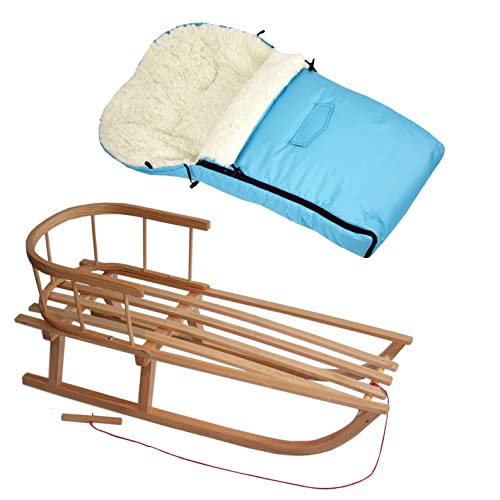 Kombi-Angebot Holz-Schlitten mit Rückenlehne & Zugseil + universaler Winterfußsack (90cm), auch geeignet für Babyschale, Kinderwagen, Buggy, Lammwolle Uni (türkis + Schlitten)