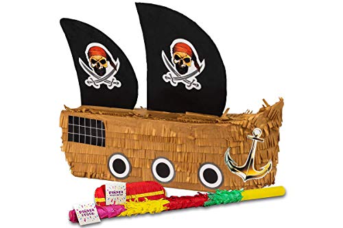 Trendario Pinata Set Piratenschiff, Pinjatta + Stab + Augenmaske, Ideal zum Befüllen mit Süßigkeiten und Geschenken - Piñata Piraten Schiff für Kindergeburtstag Spiel, Geschenkidee, Party, Hochzeit